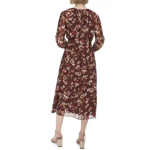 NWT Calvin Klein Floral Keyhole Maxi Dress Size 14 Burgundy Boho Peasant Folk - Picture 9 of 12